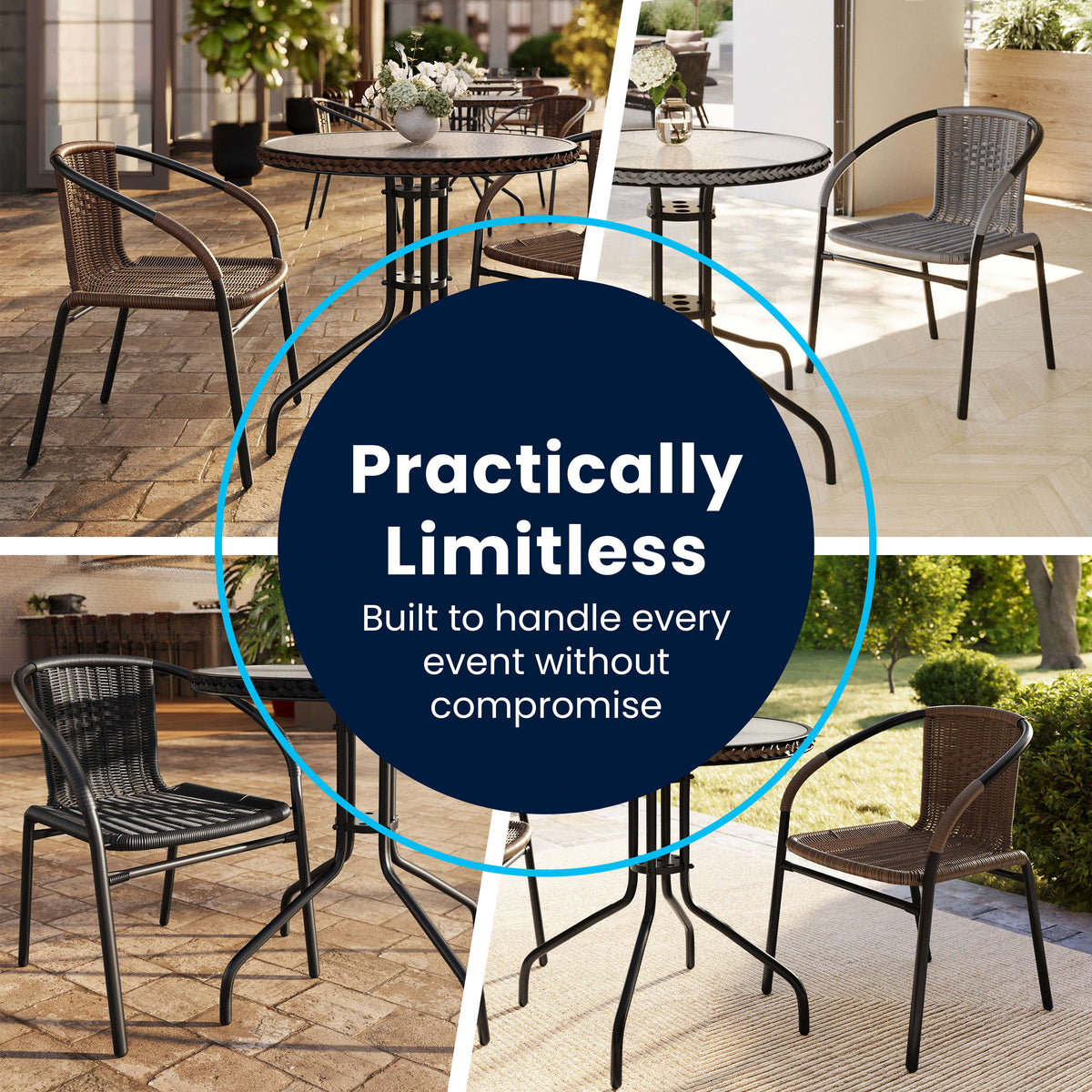 Black |#| 28" RD Glass Metal Table with Black Rattan Edging & 2 Black Rattan Stack Chairs