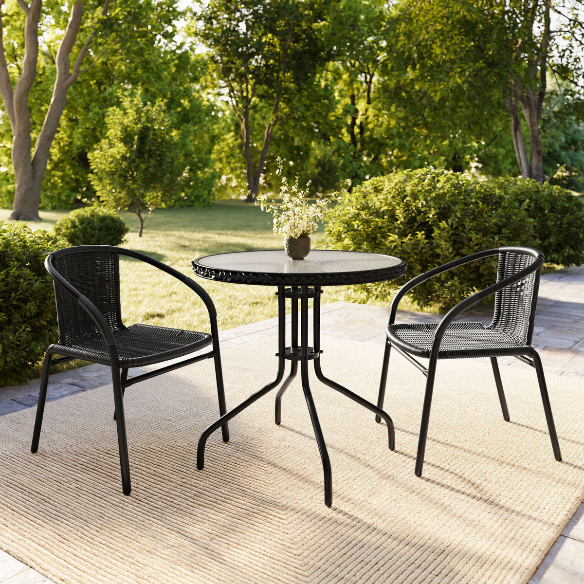 Black |#| 28" RD Glass Metal Table with Black Rattan Edging & 2 Black Rattan Stack Chairs