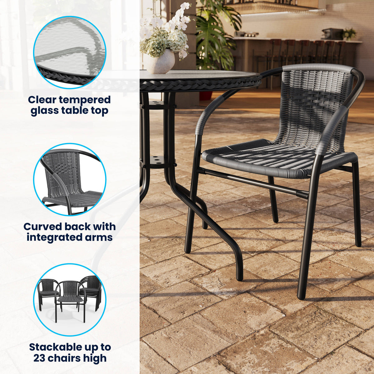 Gray |#| 28" RD Glass Metal Table with Gray Rattan Edging and 2 Gray Rattan Stack Chairs