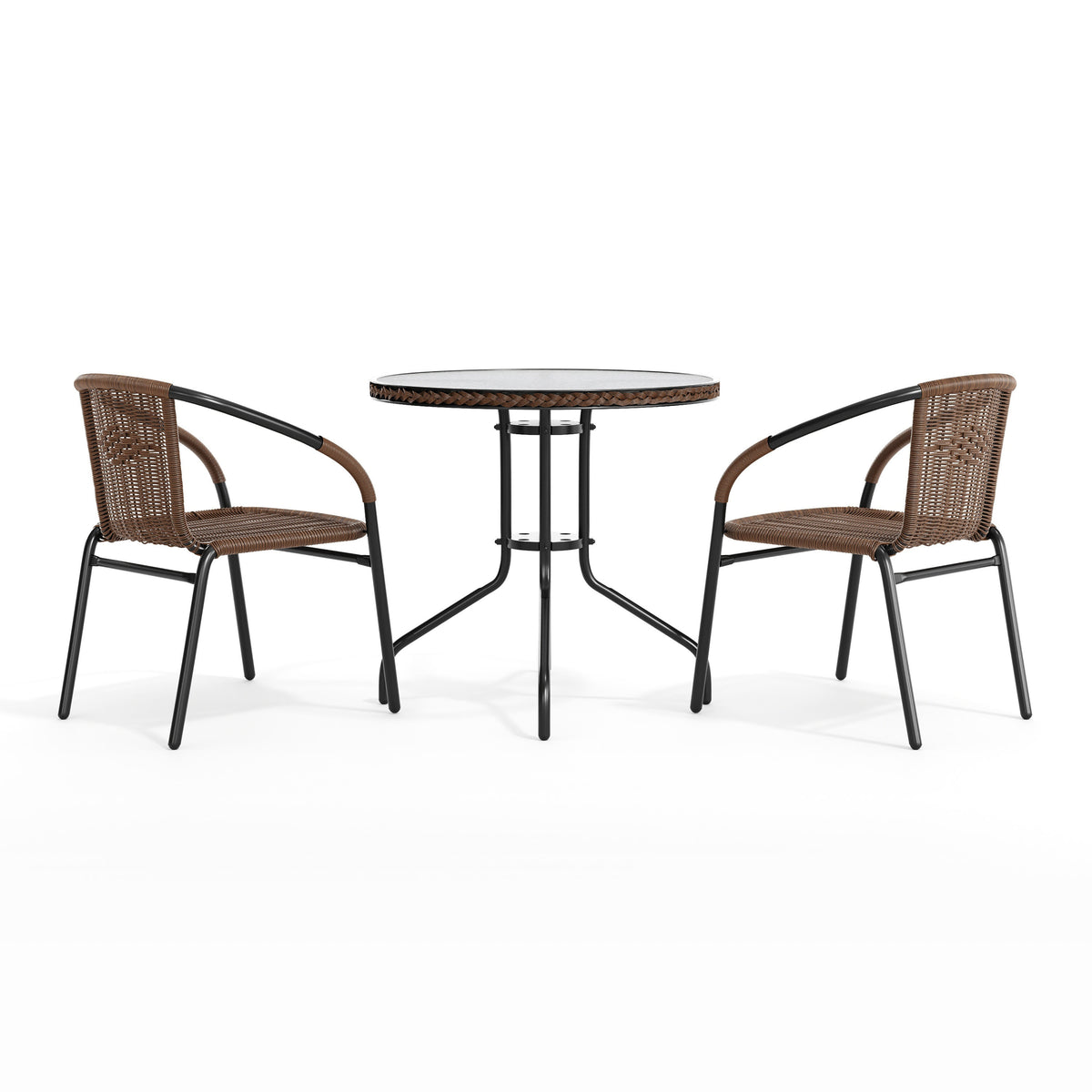 Dark Brown |#| 28" RD Glass Metal Table w/ Dk Brown Rattan Edging & 2 Dk Brown Rattan Chairs