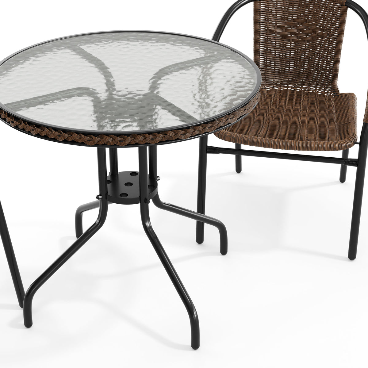 Dark Brown |#| 28" RD Glass Metal Table w/ Dk Brown Rattan Edging & 2 Dk Brown Rattan Chairs