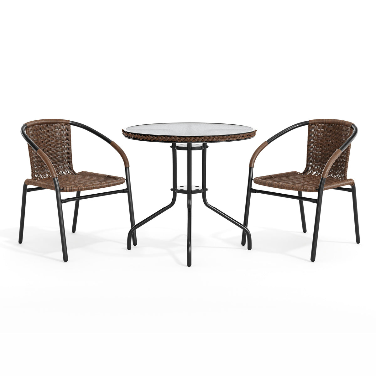 Dark Brown |#| 28" RD Glass Metal Table w/ Dk Brown Rattan Edging & 2 Dk Brown Rattan Chairs