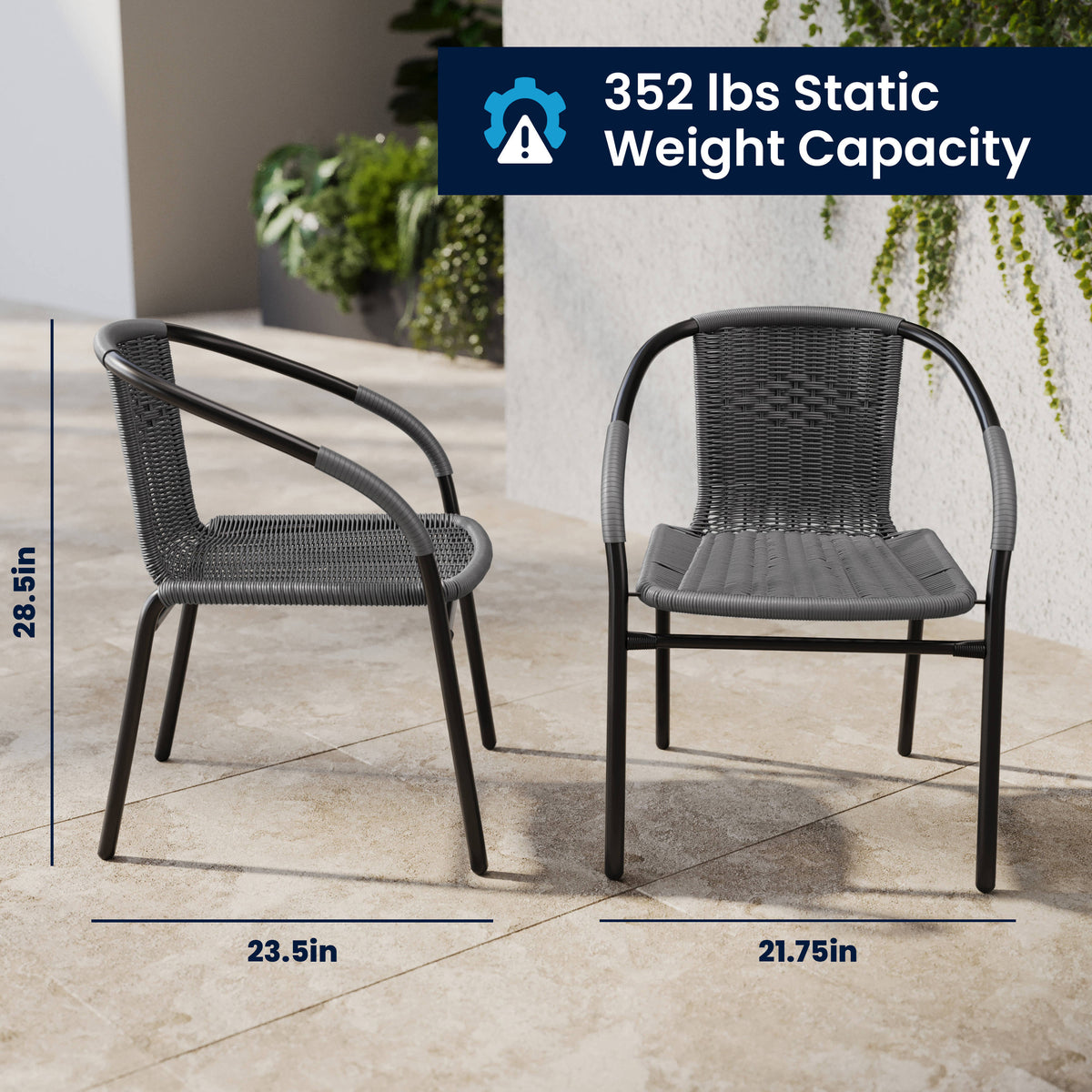 Gray |#| 28" RD Glass Metal Table with Gray Rattan Edging and 2 Gray Rattan Stack Chairs