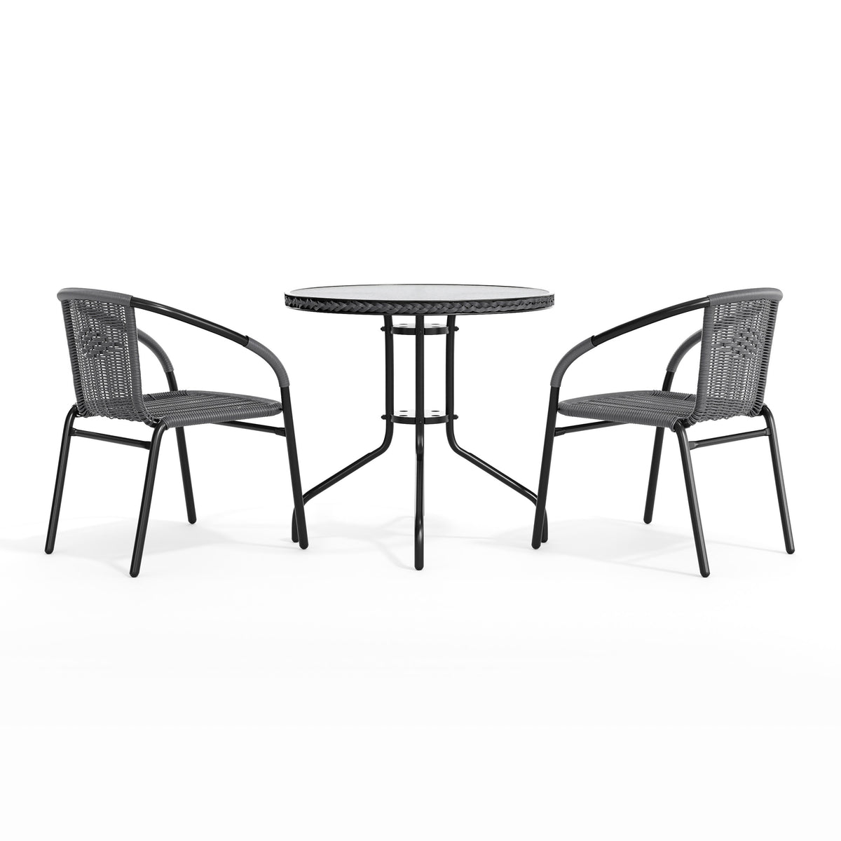 Gray |#| 28" RD Glass Metal Table with Gray Rattan Edging and 2 Gray Rattan Stack Chairs