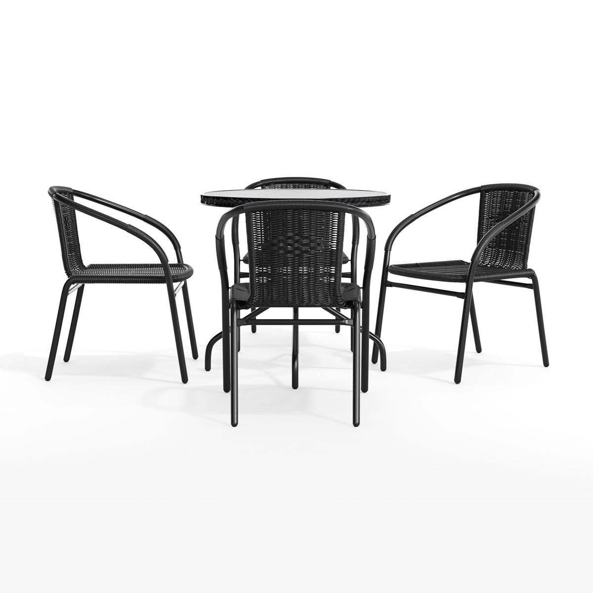 Black |#| 28" RD Glass Metal Table with Black Rattan Edging & 4 Black Rattan Stack Chairs