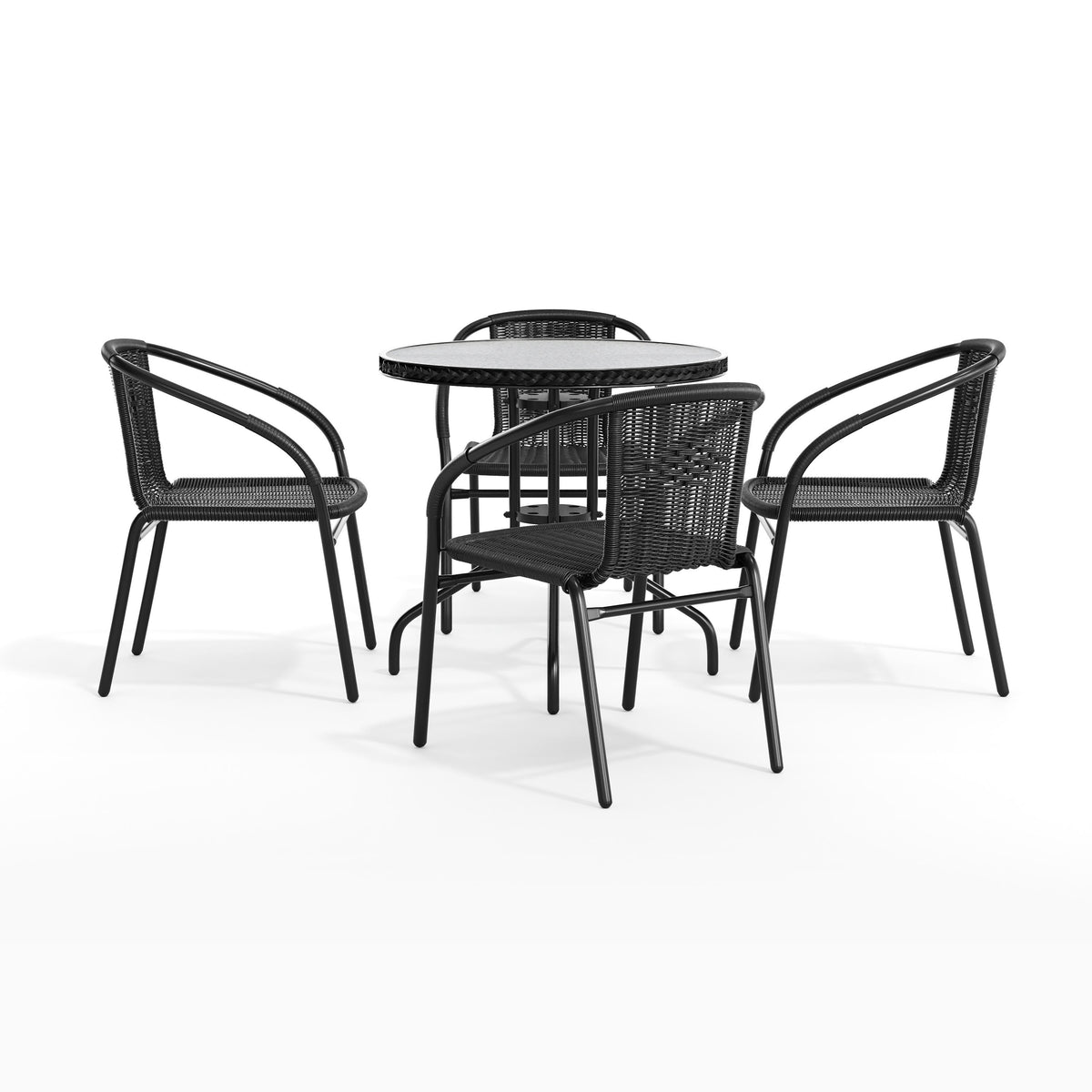 Black |#| 28" RD Glass Metal Table with Black Rattan Edging & 4 Black Rattan Stack Chairs