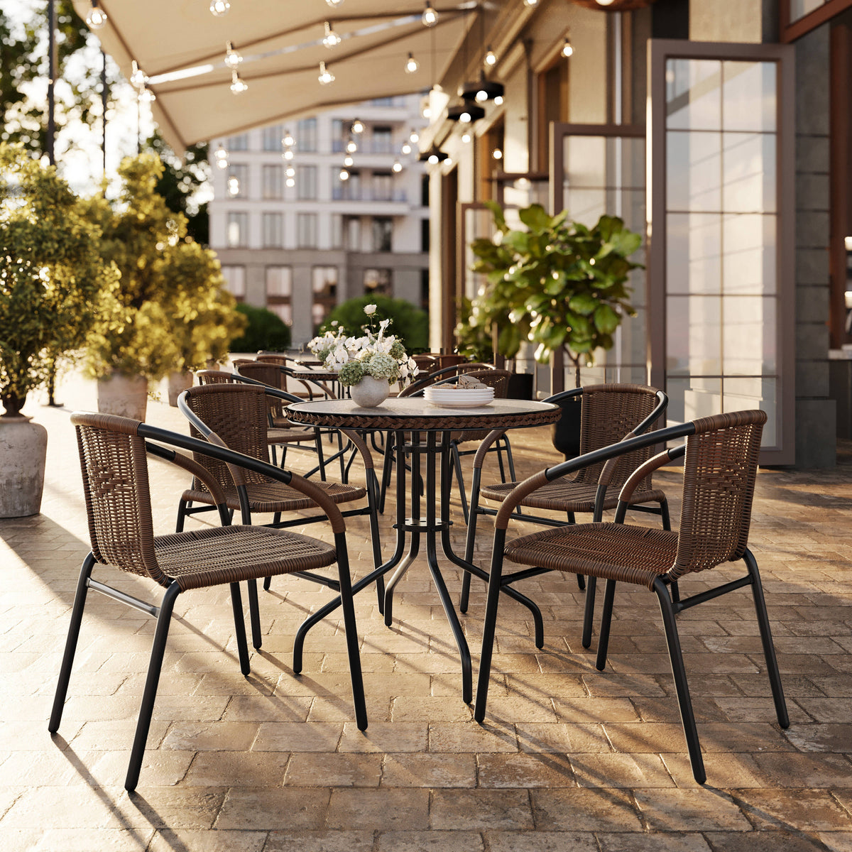 Dark Brown |#| 28" RD Glass Metal Table w/ Dk Brown Rattan Edging & 4 Dk Brown Rattan Chairs