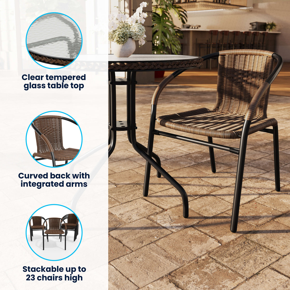 Dark Brown |#| 28" RD Glass Metal Table w/ Dk Brown Rattan Edging & 4 Dk Brown Rattan Chairs