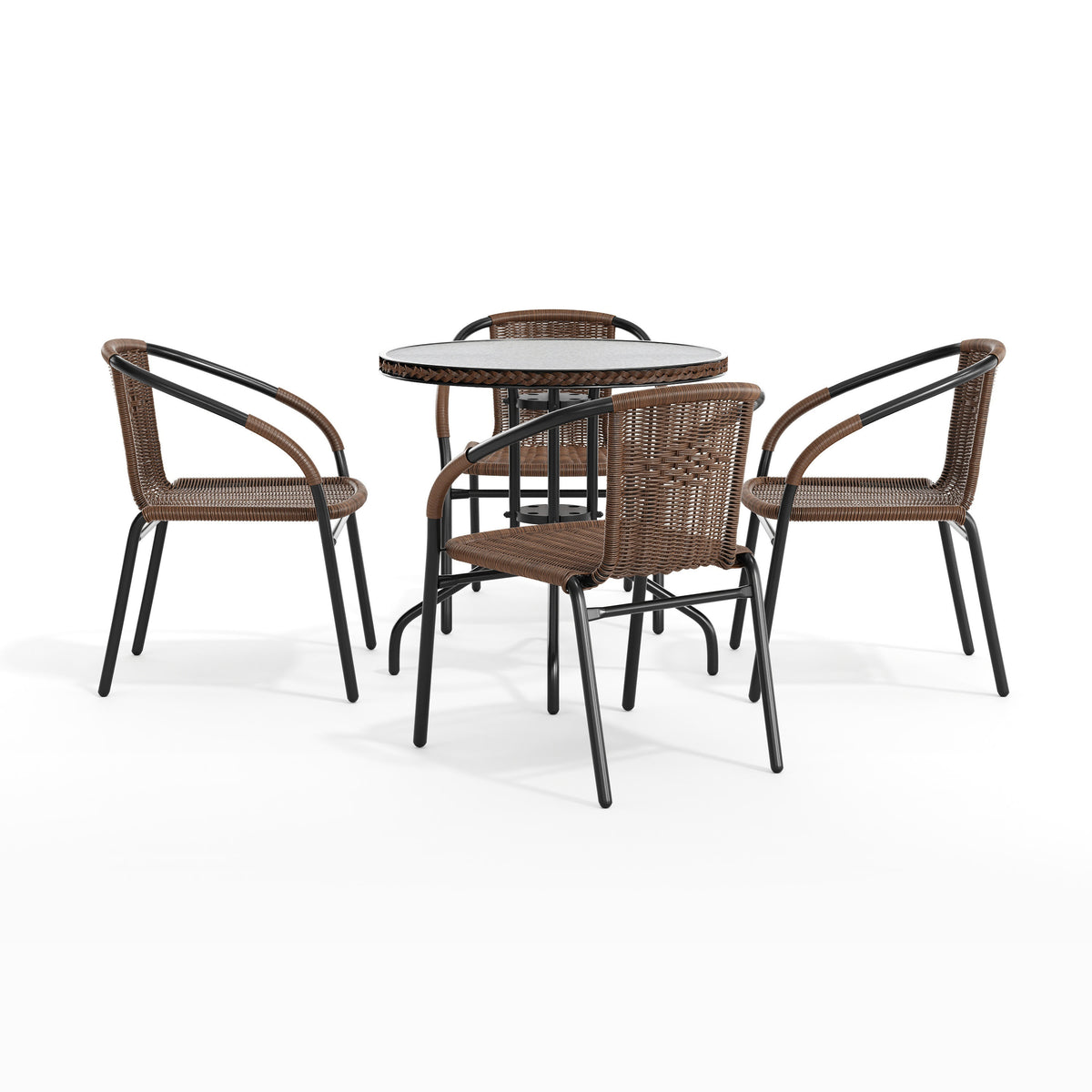 Dark Brown |#| 28" RD Glass Metal Table w/ Dk Brown Rattan Edging & 4 Dk Brown Rattan Chairs