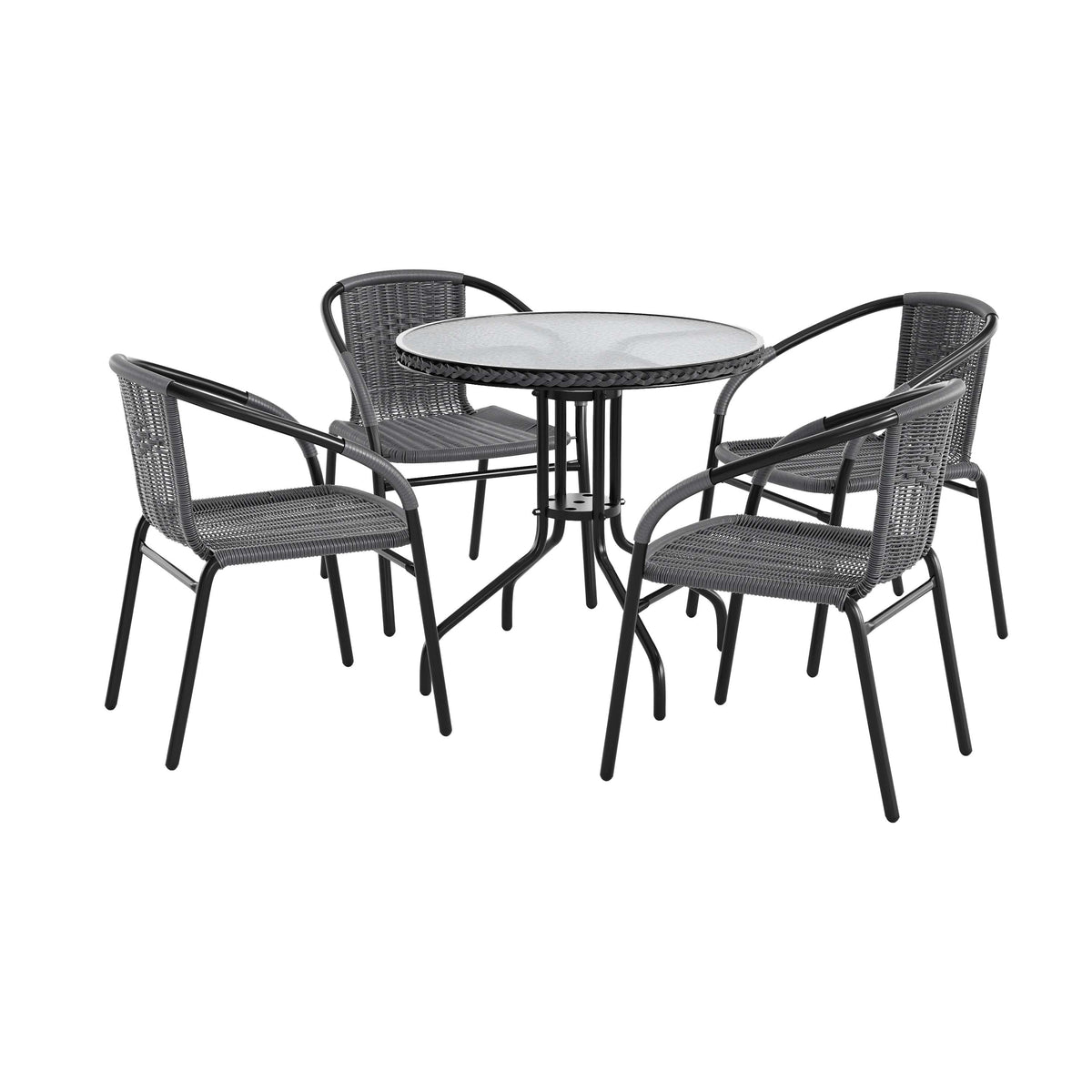 Gray |#| 28" RD Glass Metal Table with Gray Rattan Edging and 4 Gray Rattan Stack Chairs