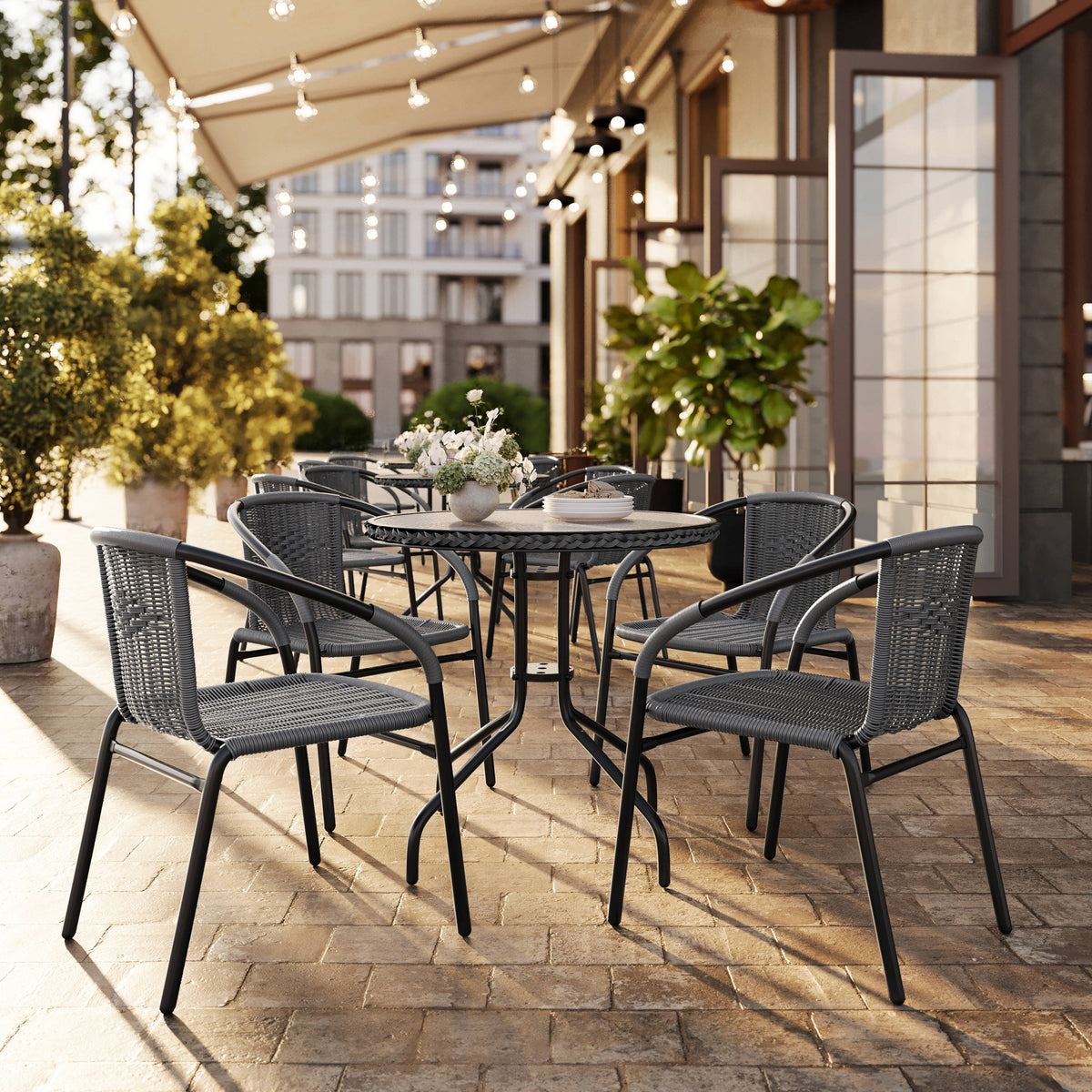 Gray |#| 28" RD Glass Metal Table with Gray Rattan Edging and 4 Gray Rattan Stack Chairs