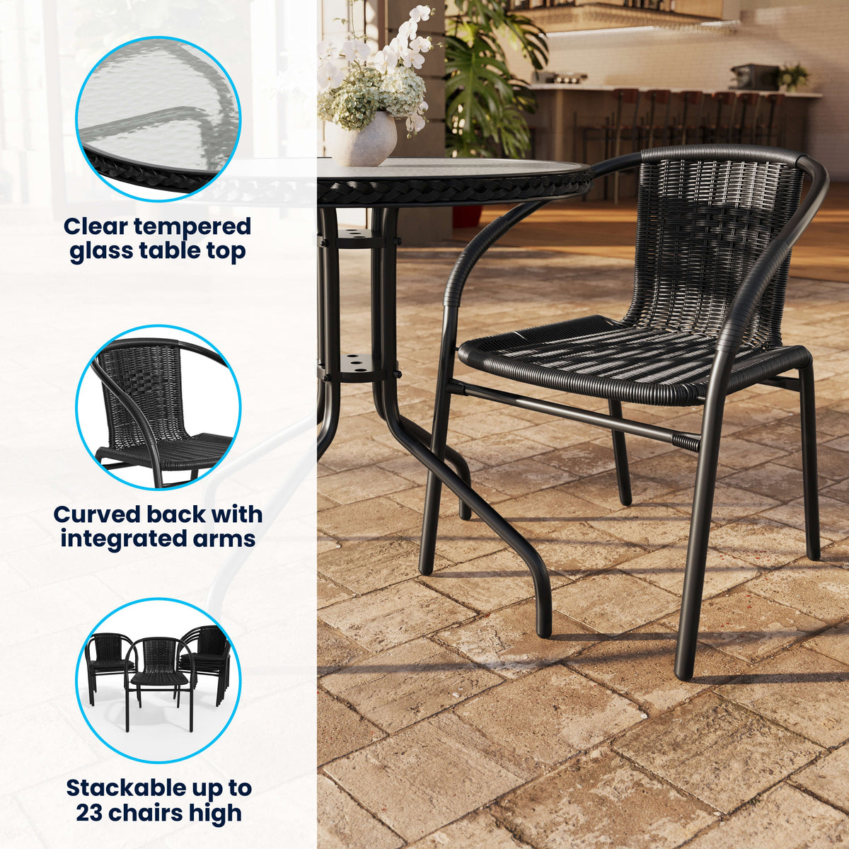 Black |#| 28" RD Glass Metal Table with Black Rattan Edging & 4 Black Rattan Stack Chairs