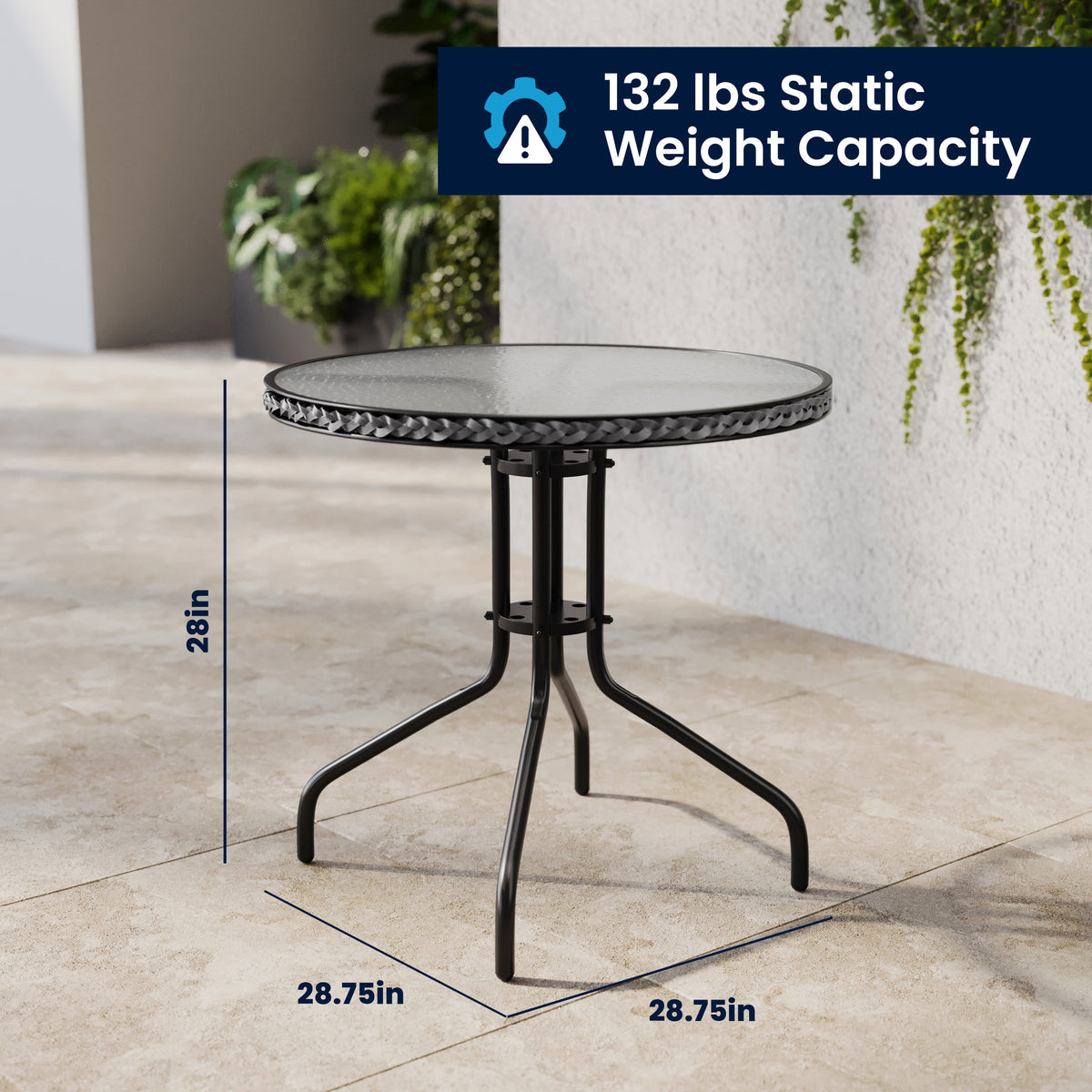 Gray |#| 28" RD Glass Metal Table with Gray Rattan Edging and 4 Gray Rattan Stack Chairs