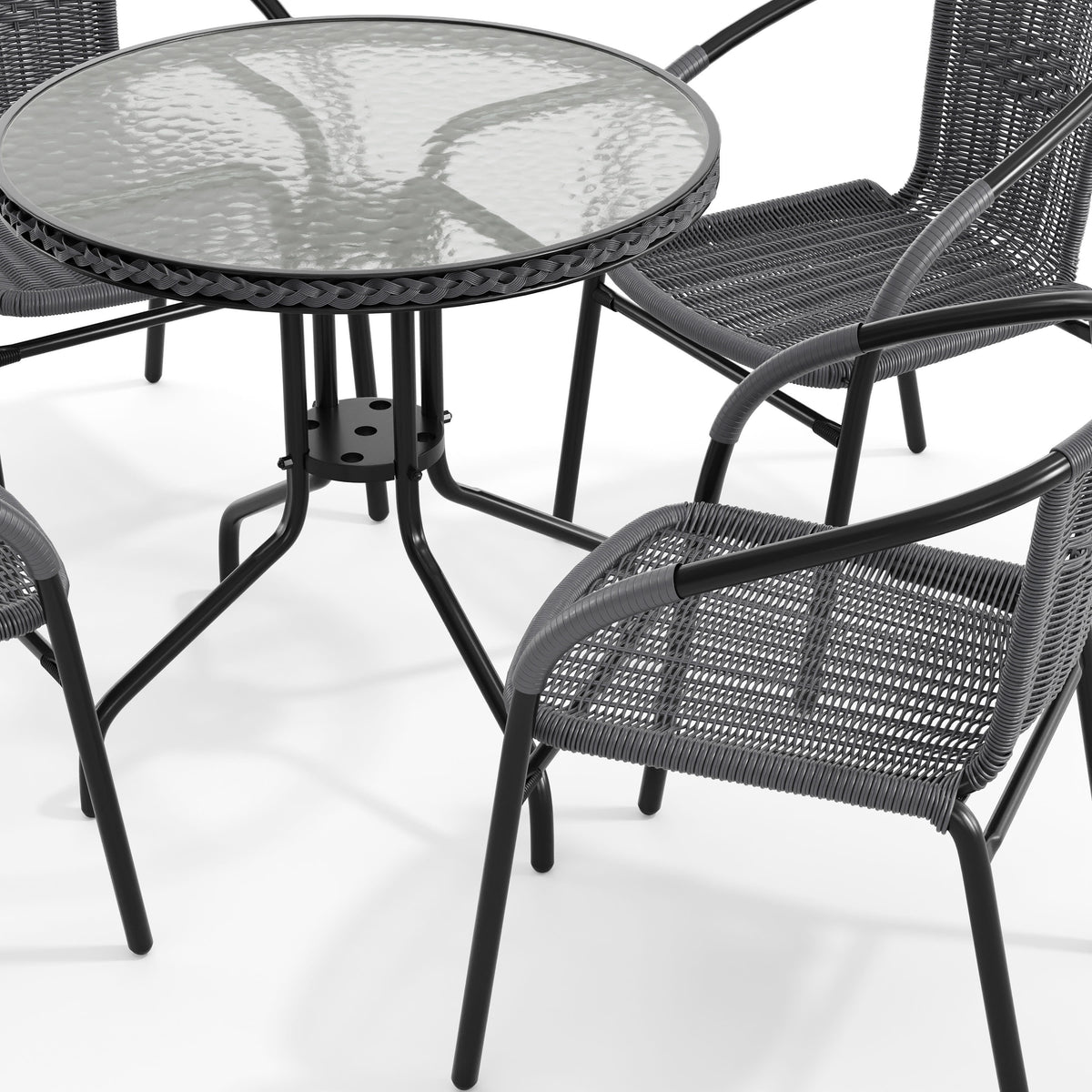 Gray |#| 28" RD Glass Metal Table with Gray Rattan Edging and 4 Gray Rattan Stack Chairs