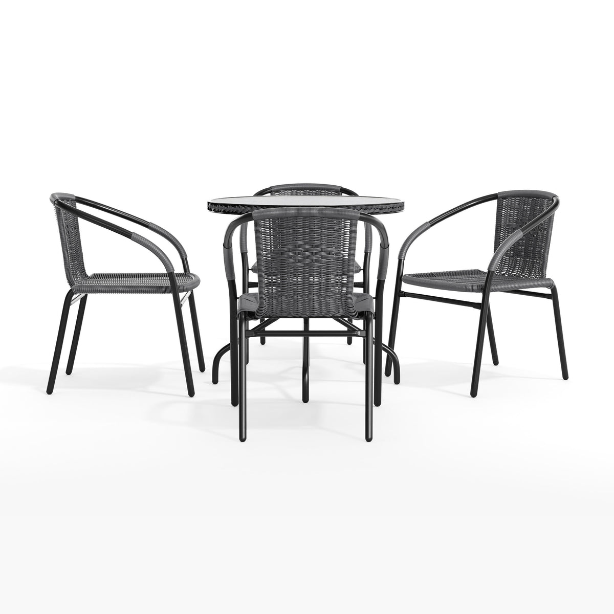 Gray |#| 28" RD Glass Metal Table with Gray Rattan Edging and 4 Gray Rattan Stack Chairs