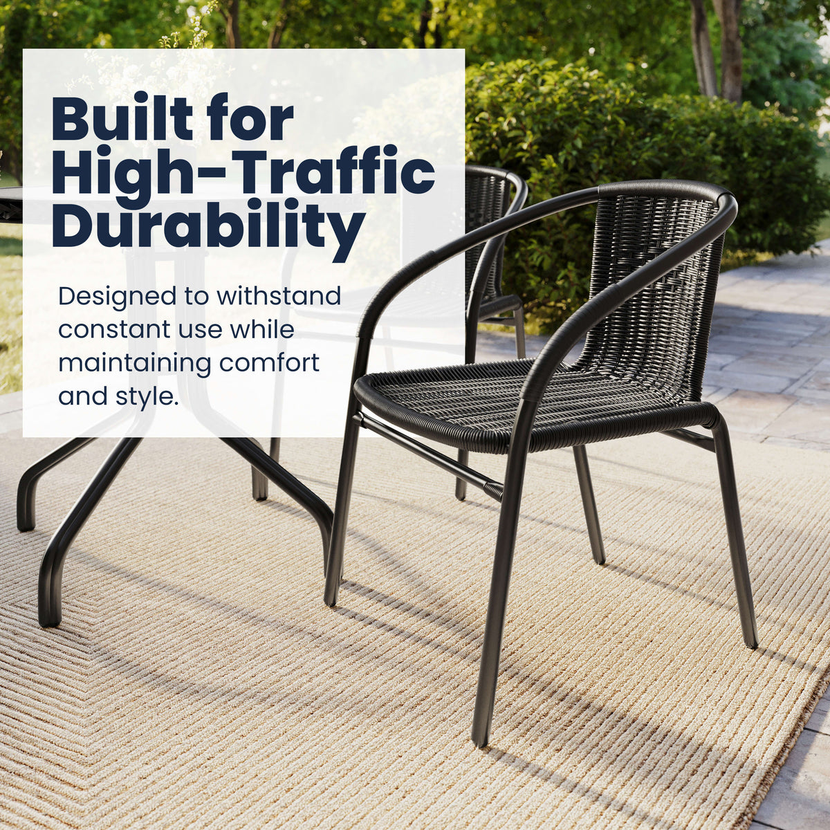 Black |#| 28" RD Glass Metal Table with Black Rattan Edging & 4 Black Rattan Stack Chairs