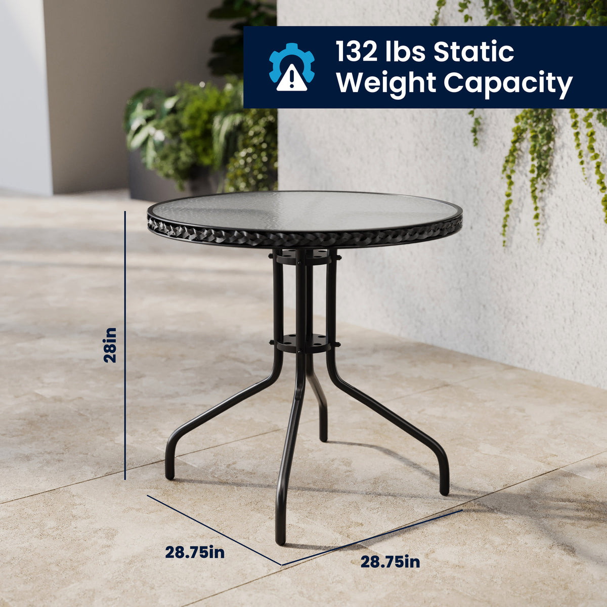 Black |#| 28" RD Glass Metal Table with Black Rattan Edging & 4 Black Rattan Stack Chairs