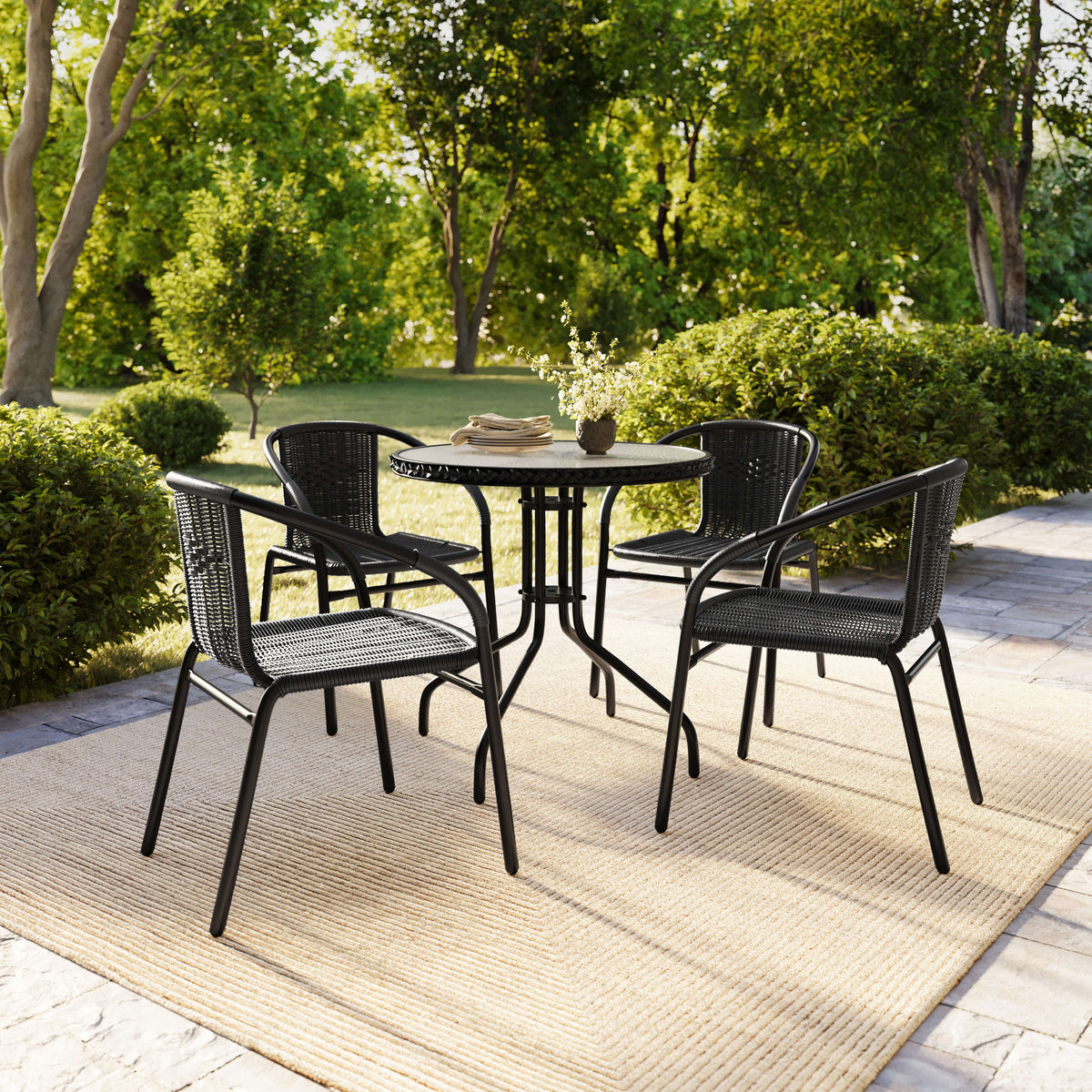Black |#| 28" RD Glass Metal Table with Black Rattan Edging & 4 Black Rattan Stack Chairs