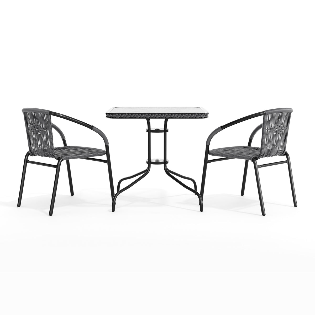 Gray |#| 28" SQ Glass Metal Table with Gray Rattan Edging and 2 Gray Rattan Stack Chairs