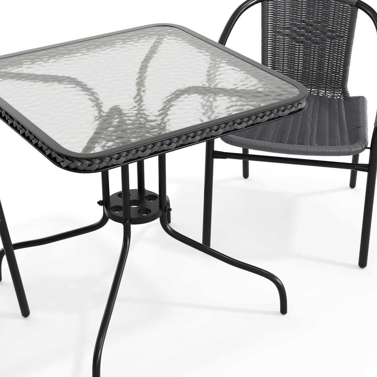 Gray |#| 28" SQ Glass Metal Table with Gray Rattan Edging and 2 Gray Rattan Stack Chairs
