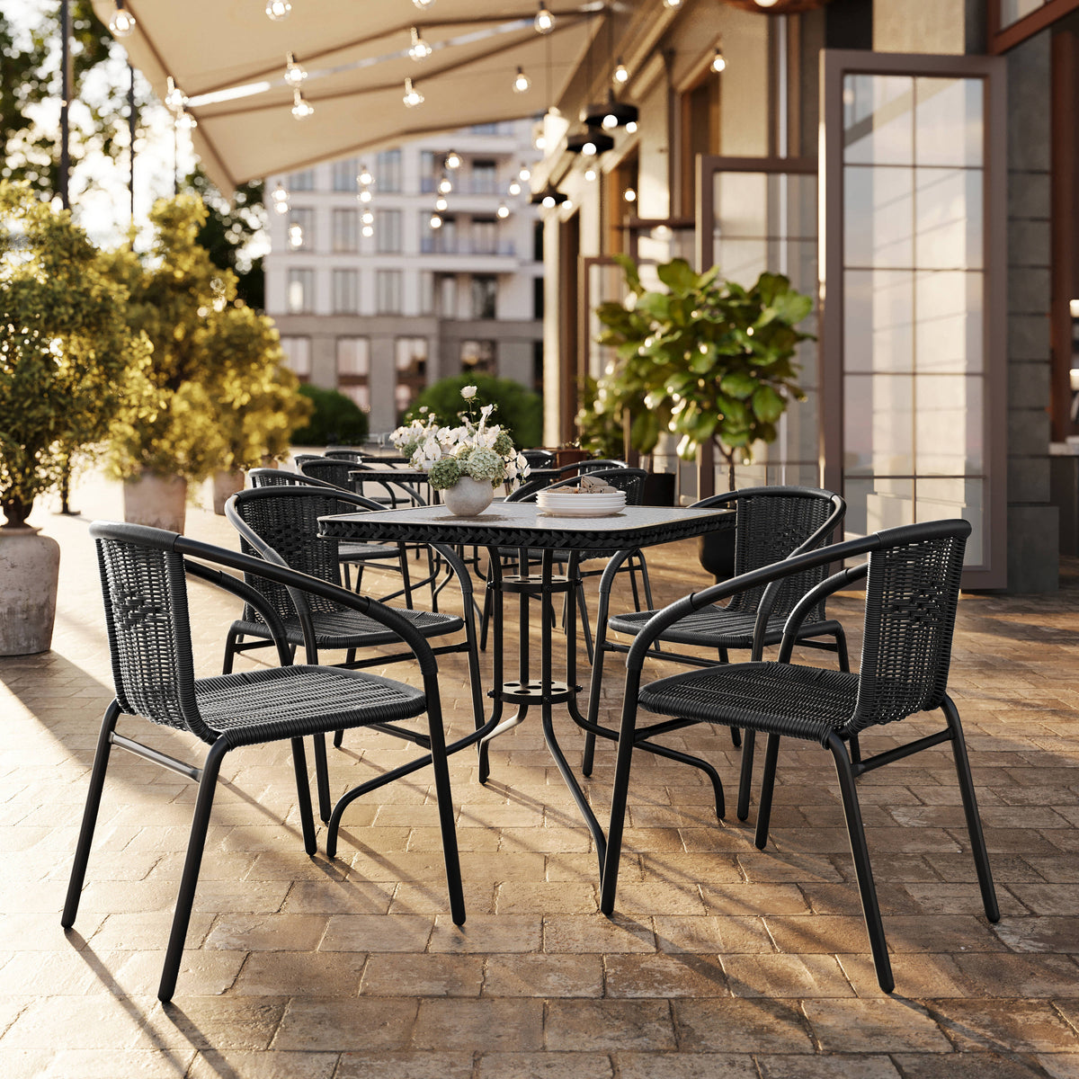 Black |#| 28" SQ Glass Metal Table w/ Black Rattan Edging & 4 Black Rattan Stack Chairs
