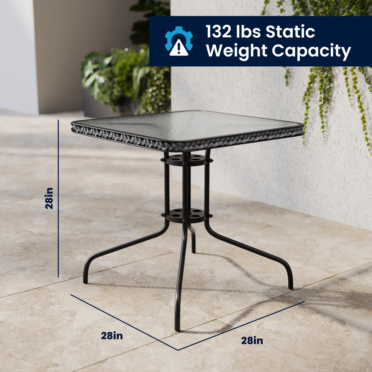 Gray |#| 28" SQ Glass Metal Table with Gray Rattan Edging and 4 Gray Rattan Stack Chairs