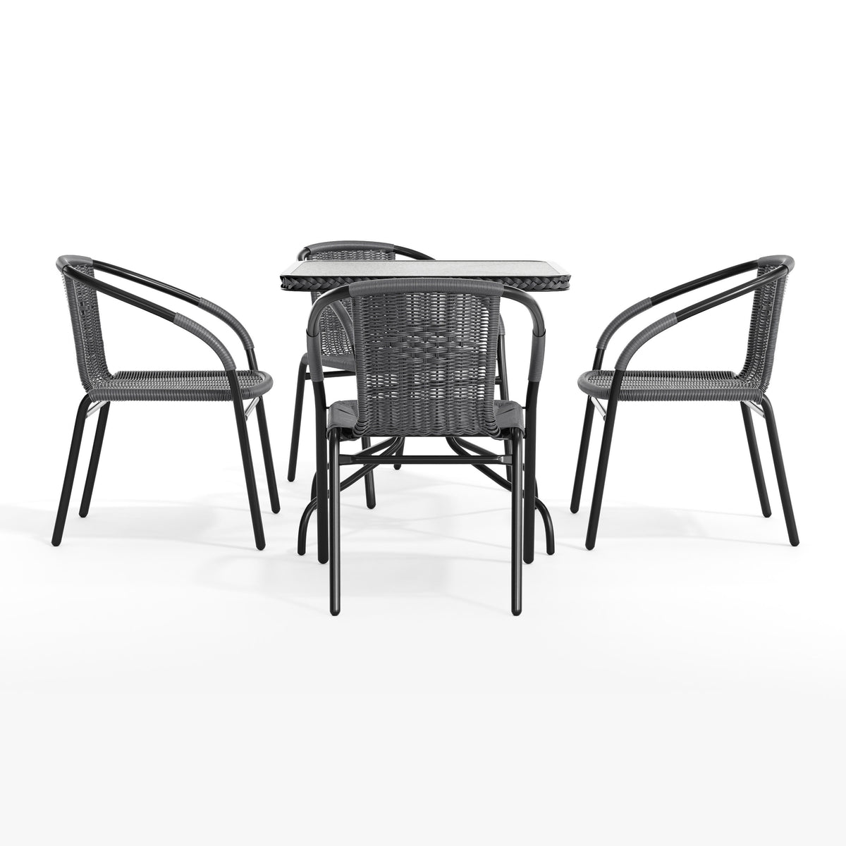 Gray |#| 28" SQ Glass Metal Table with Gray Rattan Edging and 4 Gray Rattan Stack Chairs