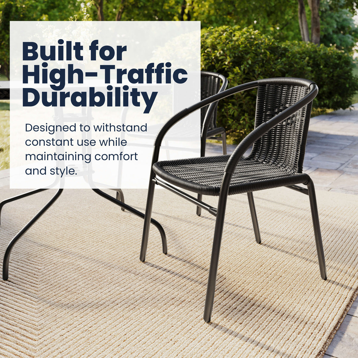 Black |#| 28" SQ Glass Metal Table w/ Black Rattan Edging & 4 Black Rattan Stack Chairs