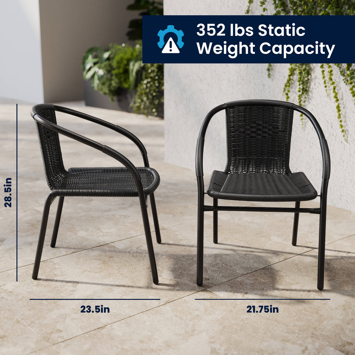 Black |#| 28" SQ Glass Metal Table w/ Black Rattan Edging & 4 Black Rattan Stack Chairs