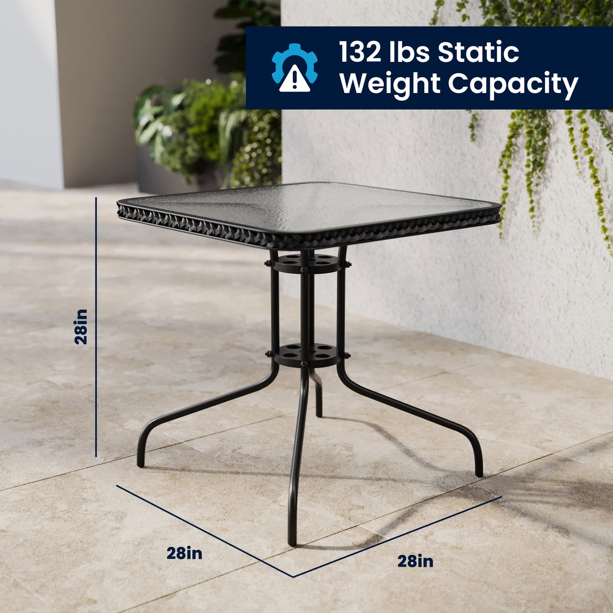 Black |#| 28" SQ Glass Metal Table w/ Black Rattan Edging & 4 Black Rattan Stack Chairs