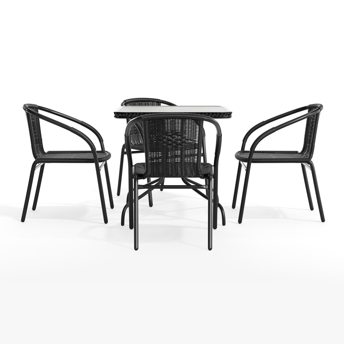 Black |#| 28" SQ Glass Metal Table w/ Black Rattan Edging & 4 Black Rattan Stack Chairs