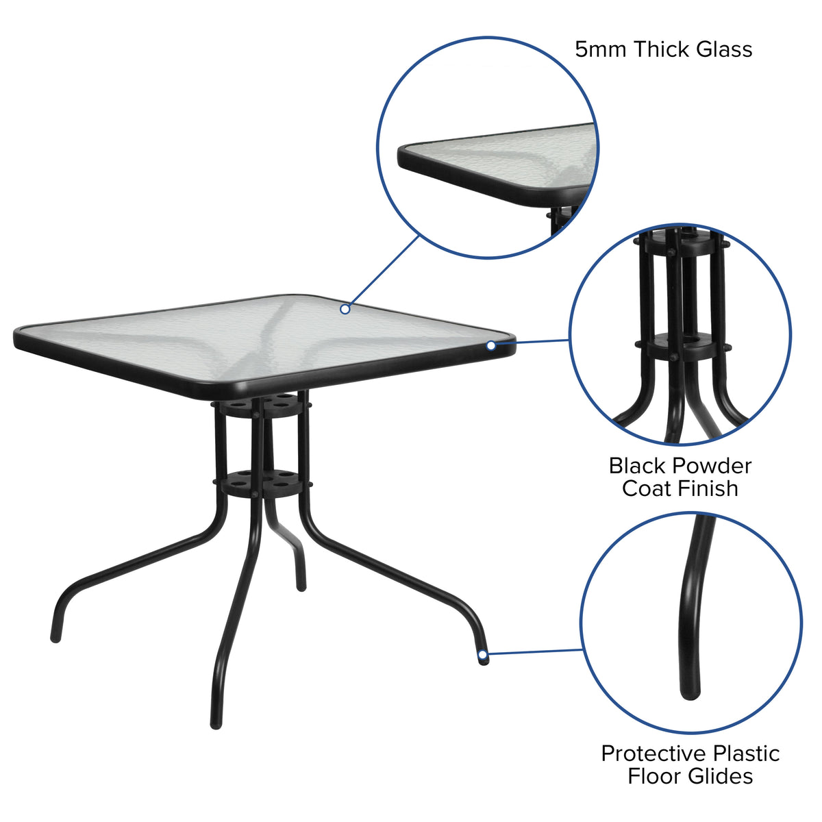 Clear Top/Black Frame |#| 31.5" Square Tempered Glass Metal Table with Smooth Ripple Design Top