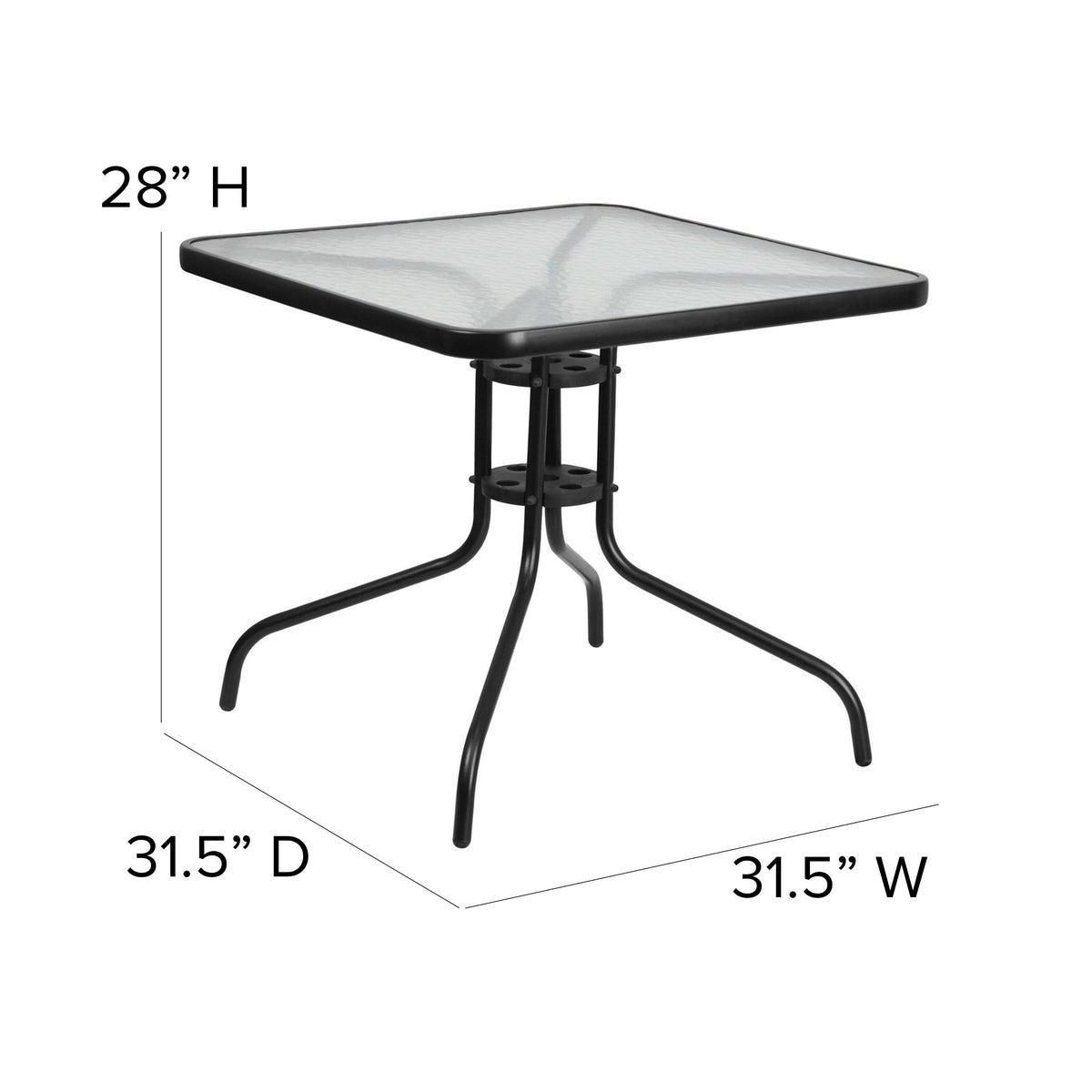 Clear Top/Black Frame |#| 31.5" Square Tempered Glass Metal Table with Smooth Ripple Design Top