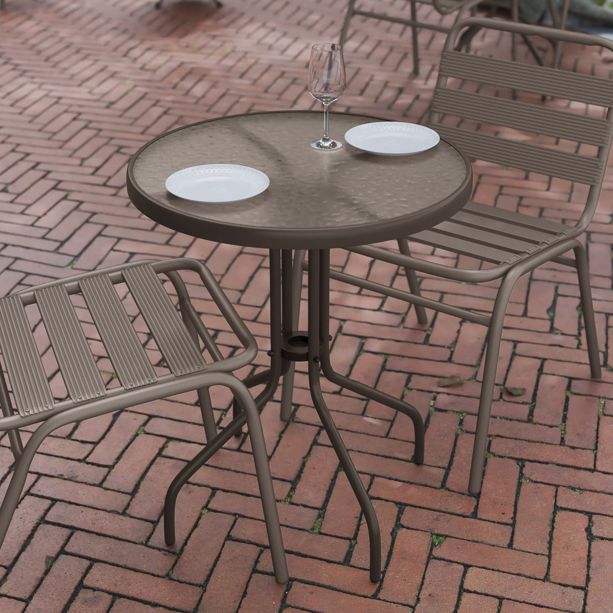 Clear Top/Bronze Frame |#| 23.75" Round Tempered Glass Metal Table with Smooth Ripple Design Top - Bronze