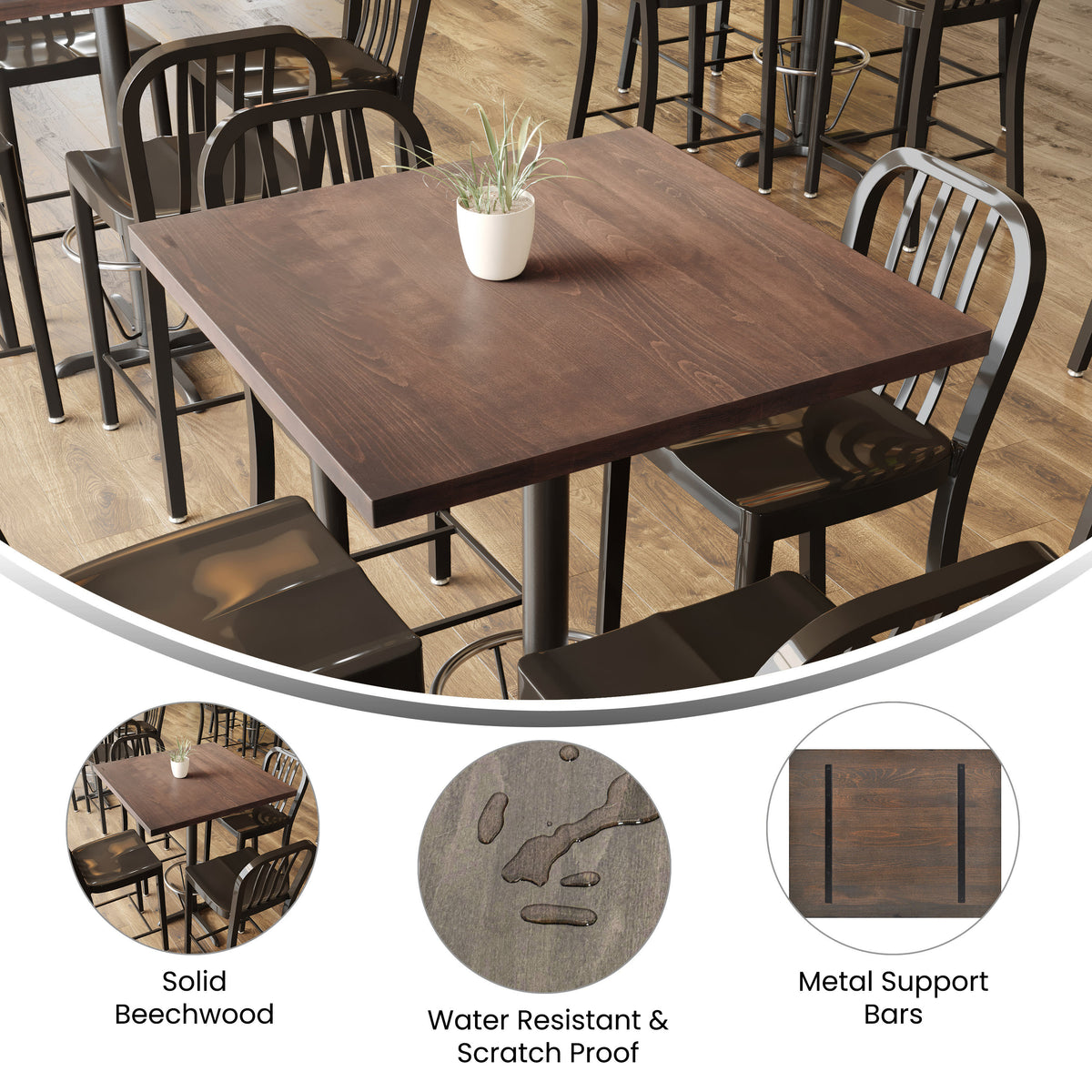Dark Brown |#| 24x30 Commercial Solid Wood Tabletop with Support Bars for Indoor Use-Dark Brown