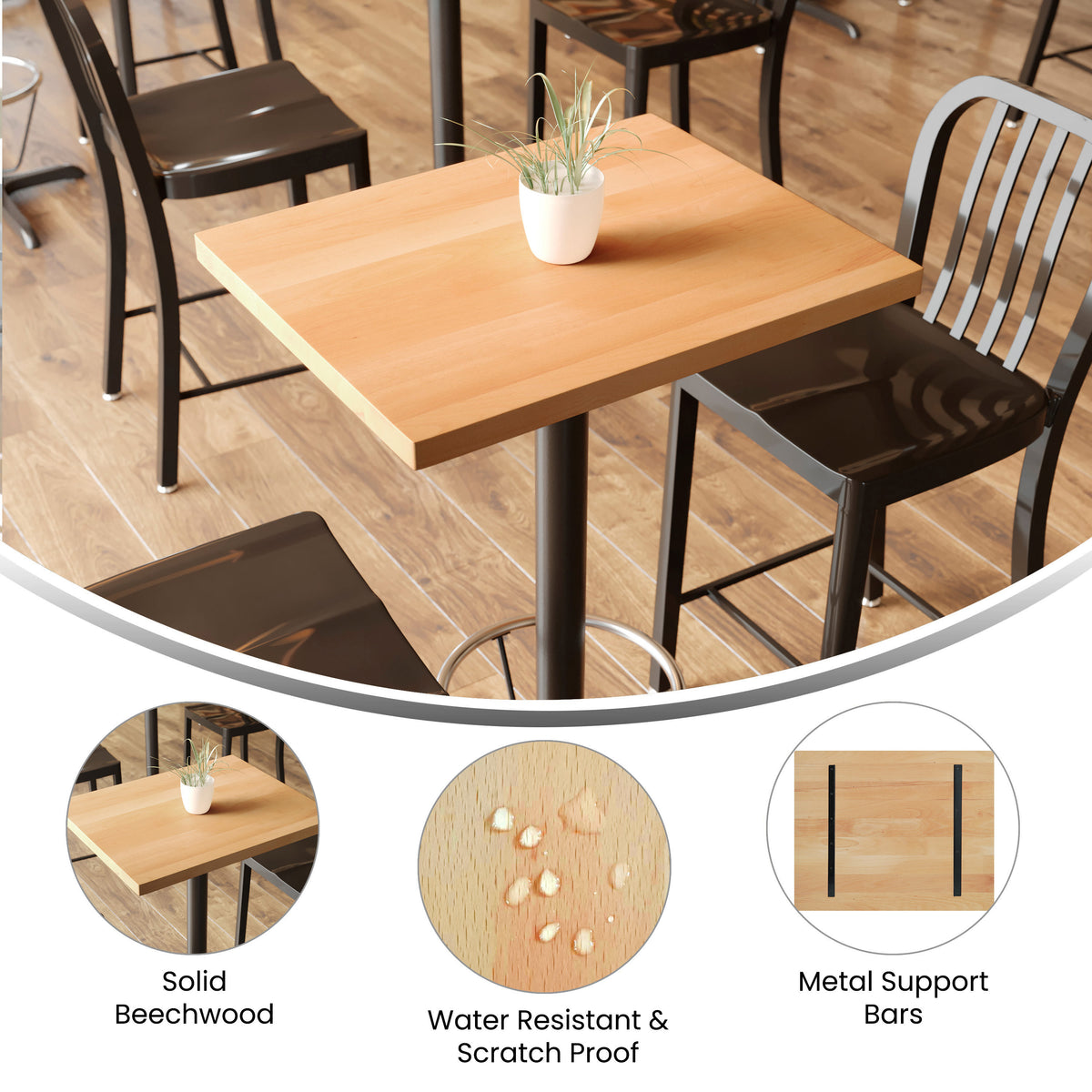 Natural |#| 24x30 Commercial Solid Wood Tabletop with Support Bars for Indoor Use-Natural
