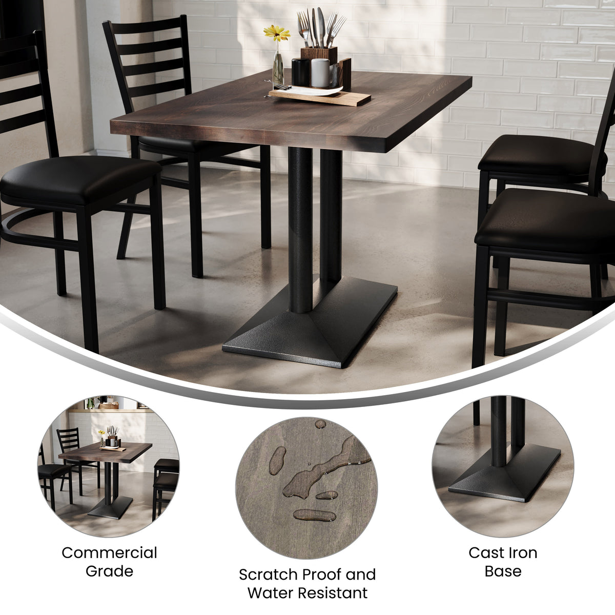 Dark Brown Top/Black Base |#| Commercial 30x48 Brown Table-27x15 Dual Column Table Height Black Cast Iron Base