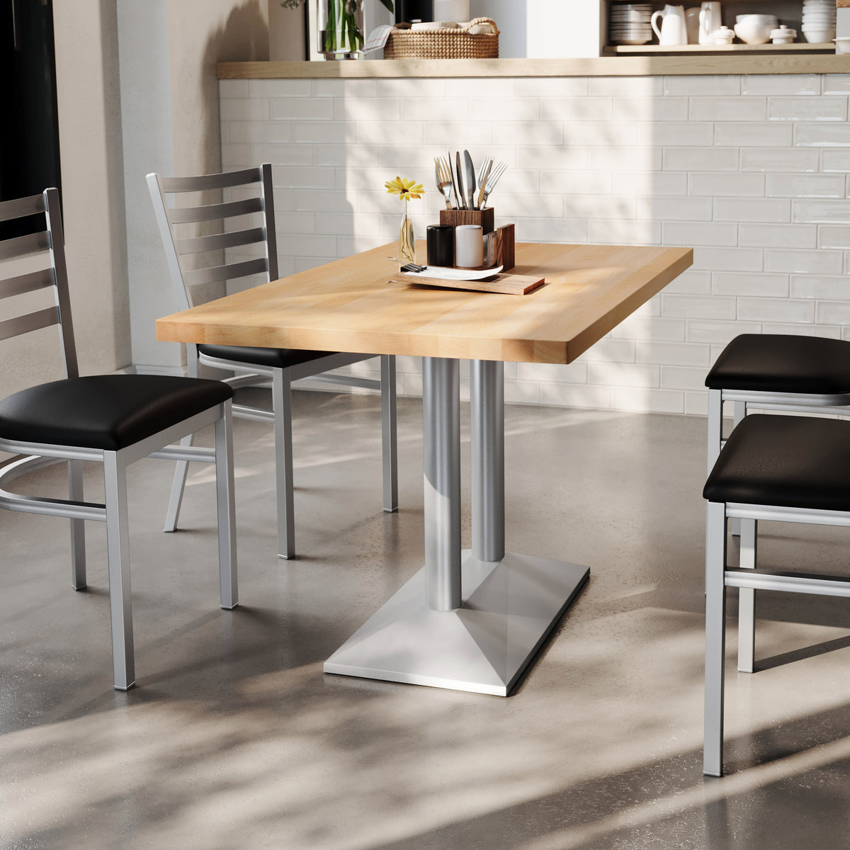 Natural Top/Silver Base |#| Commercial 30x48 NAT Table-27x15 Dual Column Table Height SIL Cast Iron Base