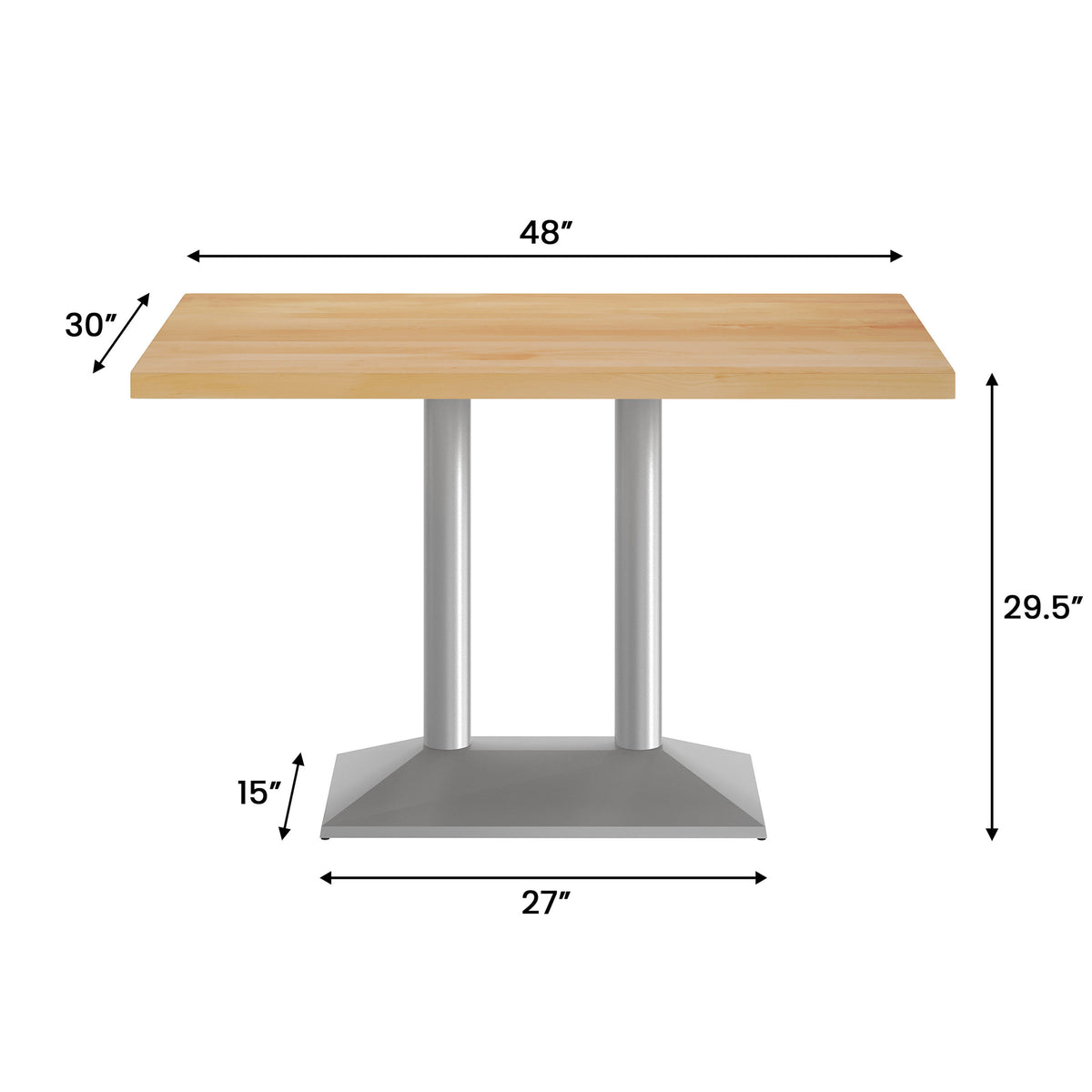 Natural Top/Silver Base |#| Commercial 30x48 NAT Table-27x15 Dual Column Table Height SIL Cast Iron Base