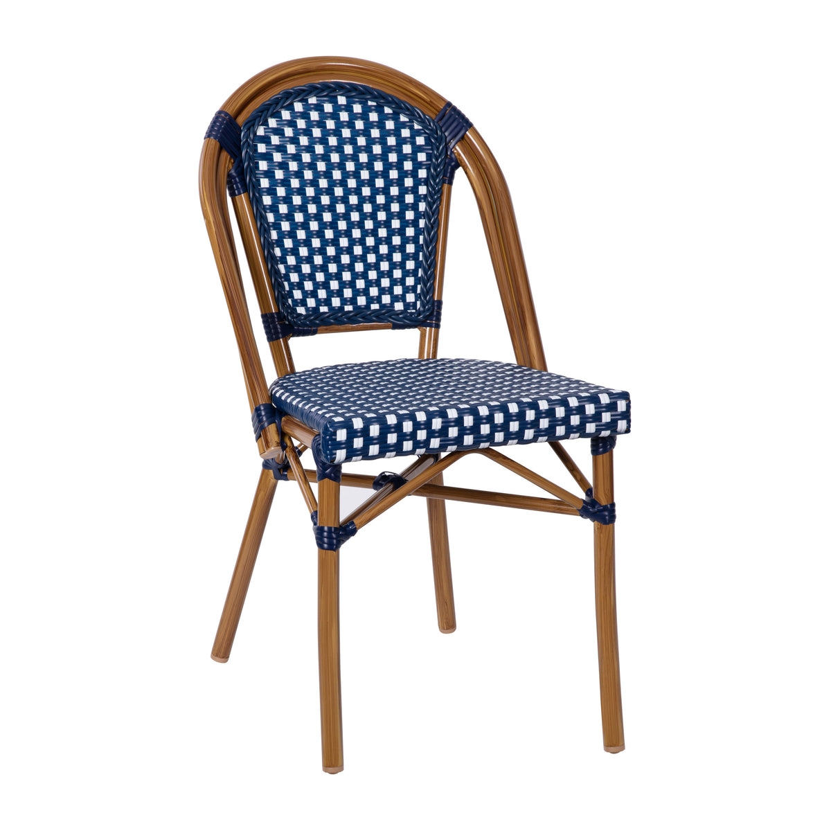 Navy & White/Natural Frame |#| All-Weather Commercial Paris Chair with Bamboo Print Aluminum Frame-Navy/White