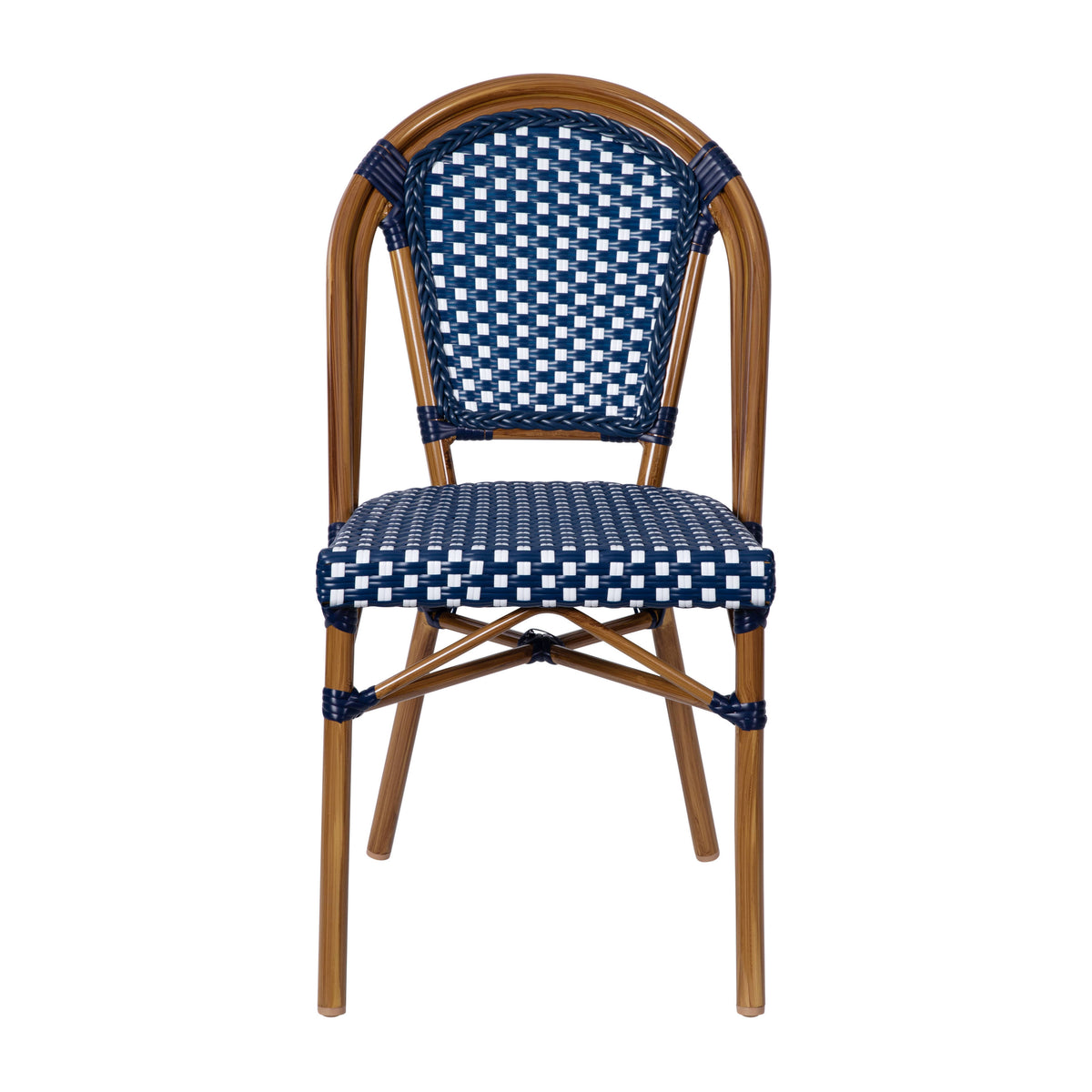 Navy & White/Natural Frame |#| All-Weather Commercial Paris Chair with Bamboo Print Aluminum Frame-Navy/White