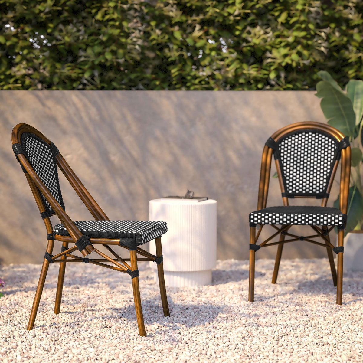 Black & White/Natural Frame |#| All-Weather Commercial Paris Chair with Bamboo Print Aluminum Frame-Black/White