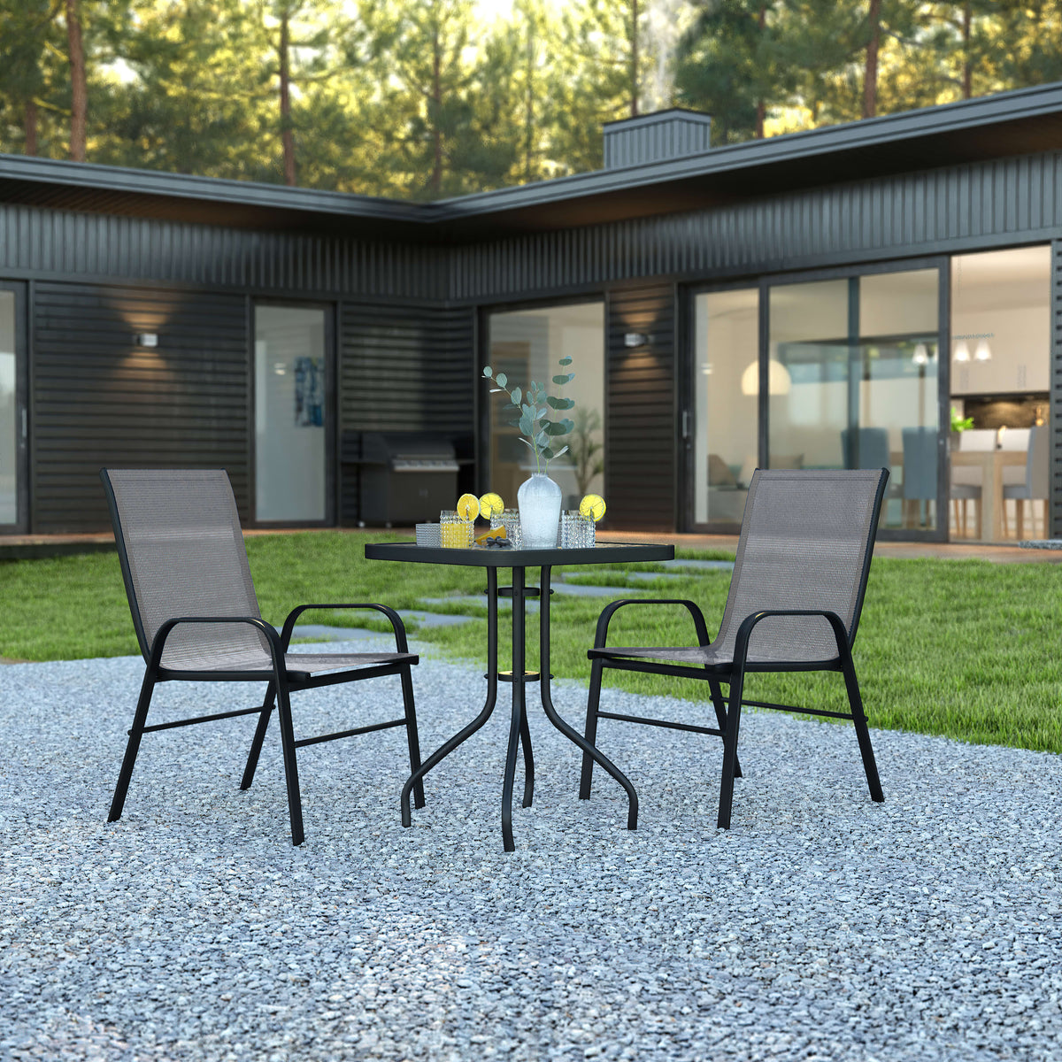 Gray |#| 3 Piece Patio Dining Set - 23.5" Square Glass Table, 2 Gray Flex Stack Chairs