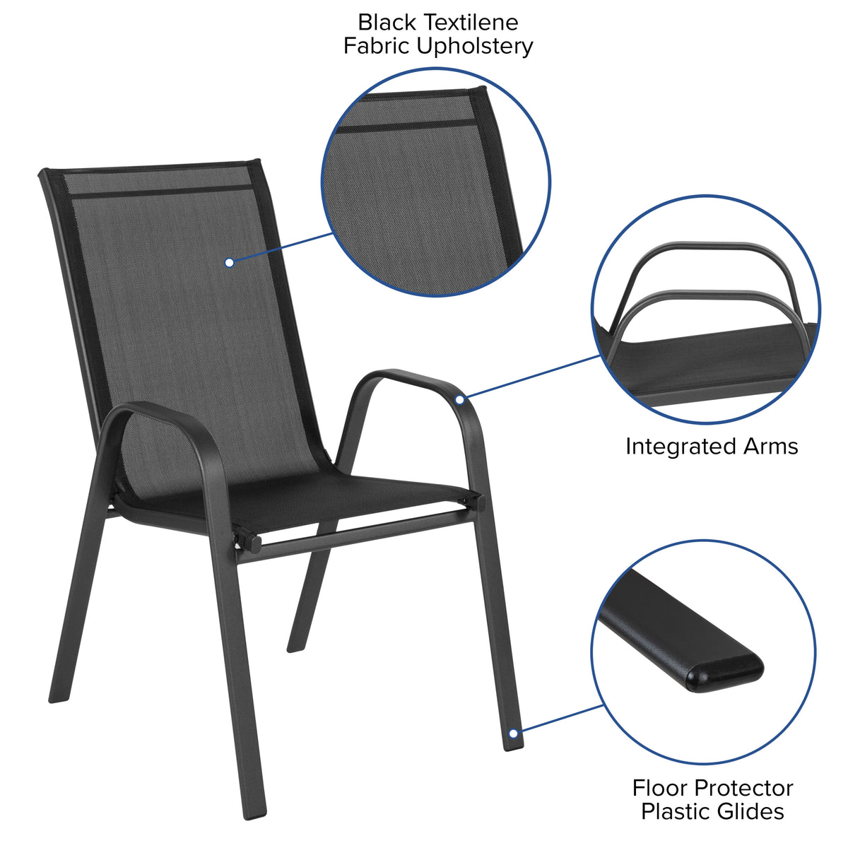 Black |#| 3 Piece Patio Dining Set - 23.75" Round Glass Table, 2 Black Flex Stack Chairs