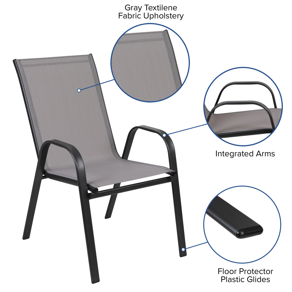 Gray |#| 5 Piece Patio Dining Set - 31.5" Square Glass Table, 4 Gray Flex Stack Chairs