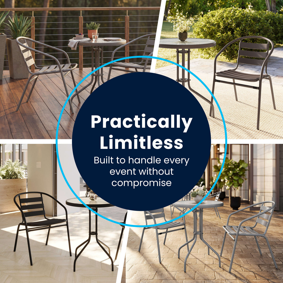 5 Piece Patio Dining Set - 55" Glass Patio Table, 4 Black Aluminum Stack Chairs