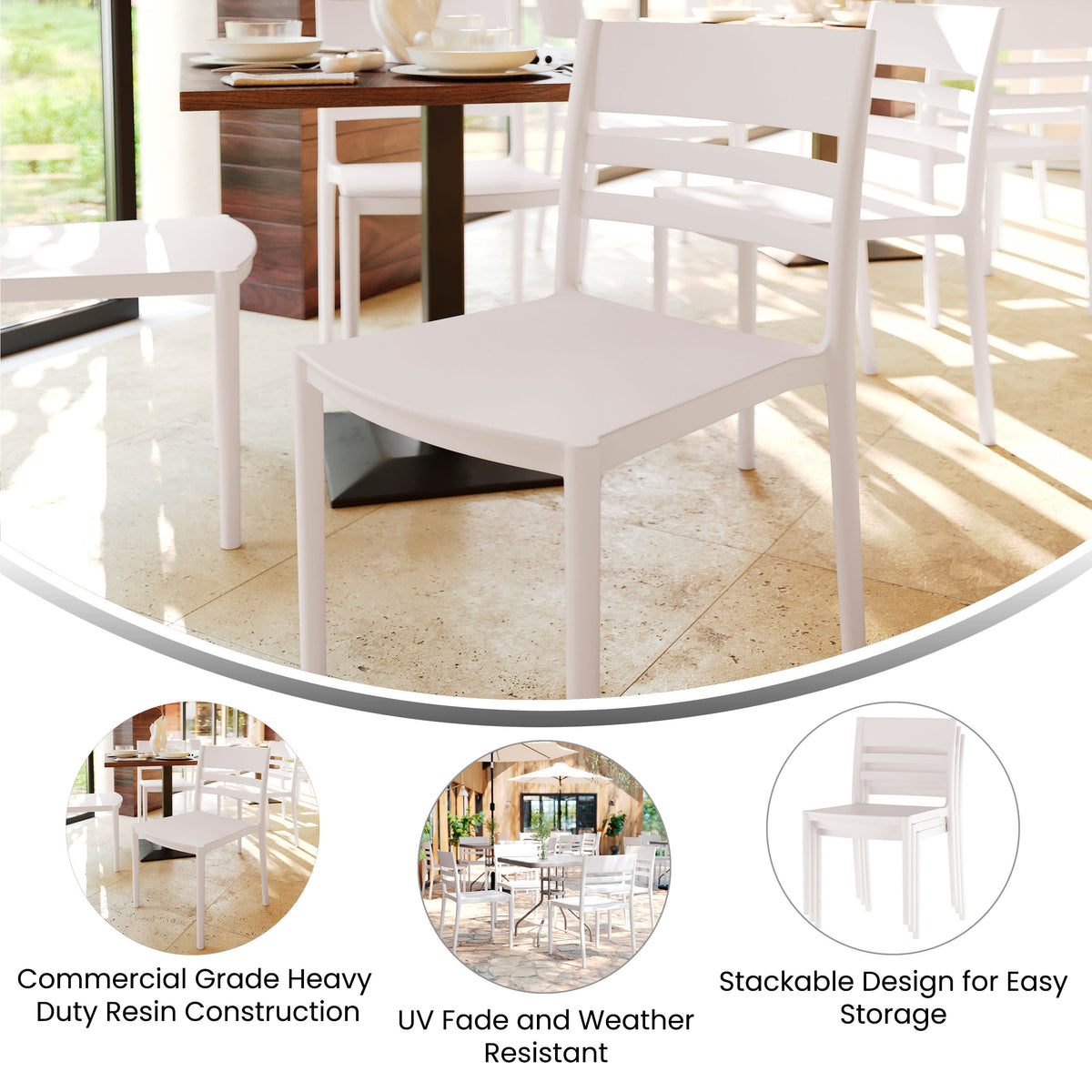 White |#| Commercial All-Weather White Resin Patio Stack Chair with Slatted Backrest