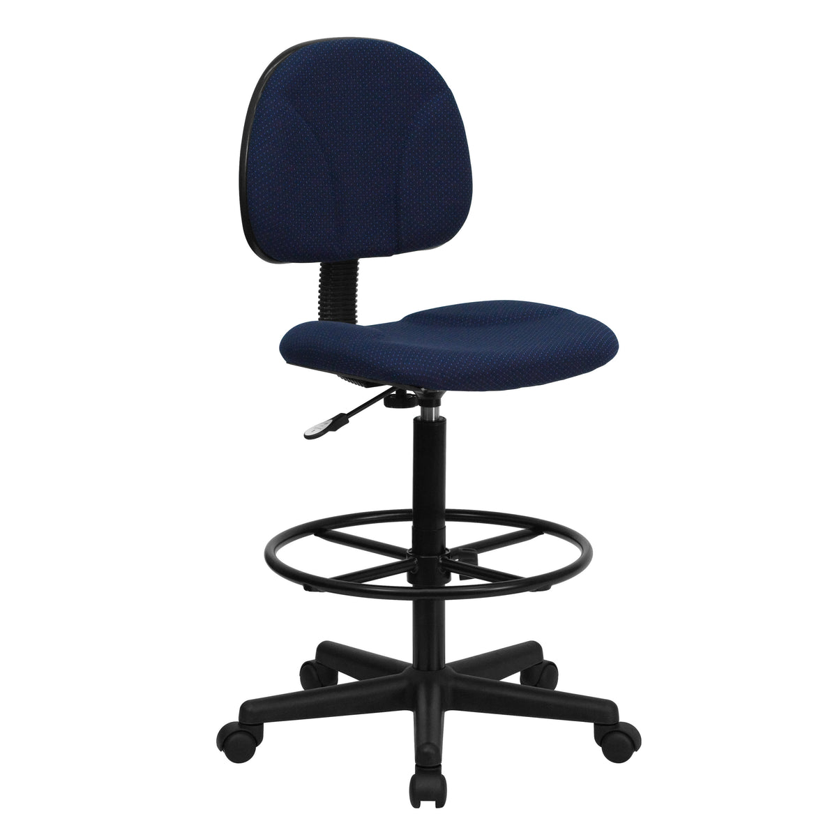Navy Blue Patterned |#| Commercial Adjustable Height Drafting Chair-Adjustable Foot Ring in Navy Fabric