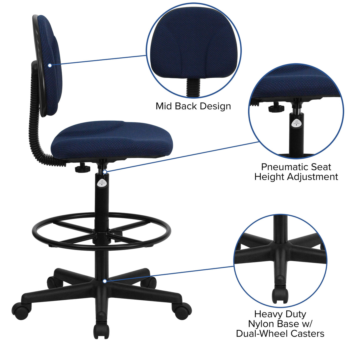 Navy Blue Patterned |#| Commercial Adjustable Height Drafting Chair-Adjustable Foot Ring in Navy Fabric