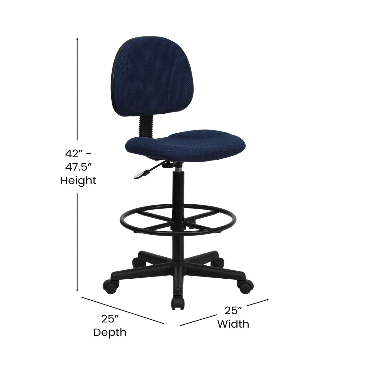 Navy Blue Patterned |#| Commercial Adjustable Height Drafting Chair-Adjustable Foot Ring in Navy Fabric